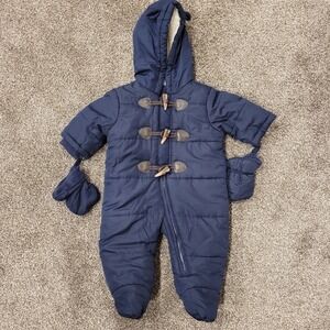 Children's Place Baby Snowsuit Bunting Navy Blue 3-6m Hooded Mittens Attached